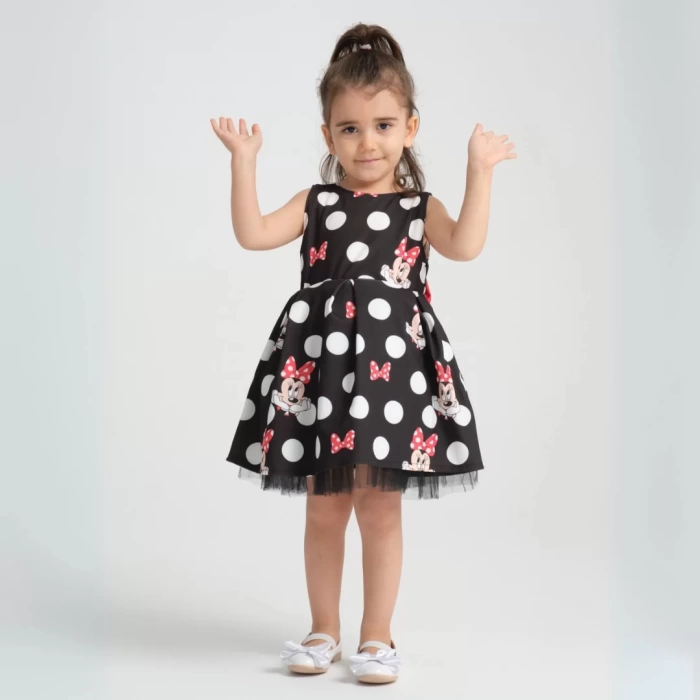 Siyah Üzeri Kırmızı Fiyonk Detaylı Minie Mouse Desenli Doğum Günü Elbisesi