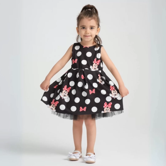Siyah Üzeri Kırmızı Fiyonk Detaylı Minie Mouse Desenli Doğum Günü Elbisesi