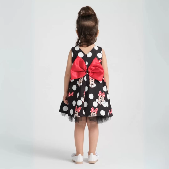 Siyah Üzeri Kırmızı Fiyonk Detaylı Minie Mouse Desenli Doğum Günü Elbisesi