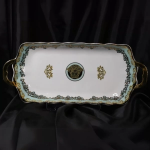 Zarif Mavi Beyaz Desenli Bavaria Porselen Kahve Sunumluk Tepsisi