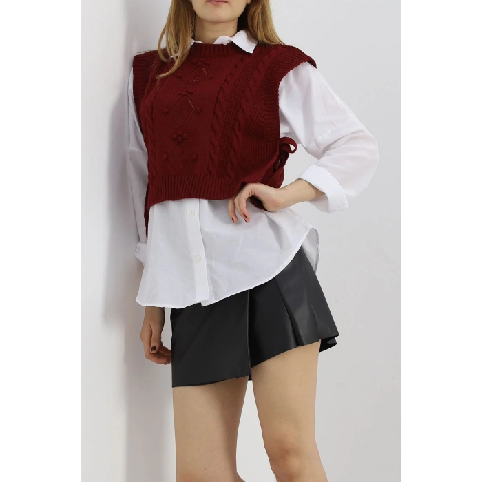 Örgü Desen Yan Bağcıklı Süveter Bordo - 4050.1577.