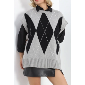 Baklava Desen Süveter Grisiyah - 18593.1766.