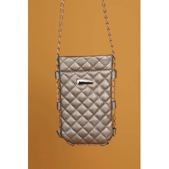 Deri Kapitone Çıtçıtlı Çapraz Kadın Çanta-Gri