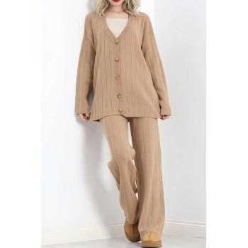 Düğmeli Fitilli Triko Takım Camel - 15280.1766.