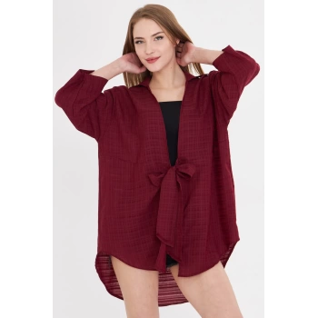 Kadın Bordo Kendinden Çizgili Önden Bağlamalı Kimono Gömlek ARM-24Y001101