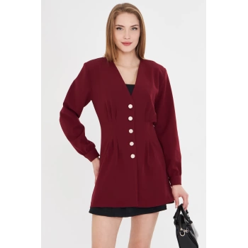 Kadın Bordo V Yaka Pile Detaylı Vücuda Oturan Vatkalı Ceket ARM-25Y001039