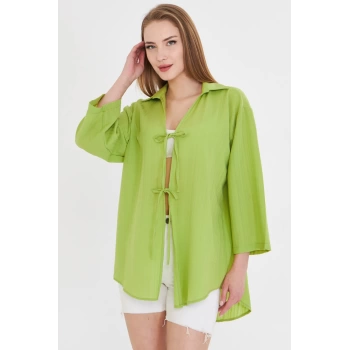 Kadın Fıstık Yeşili Gömlek Yakalı Önden Bağcıklı Kimono Gömlek ARM-25K001006