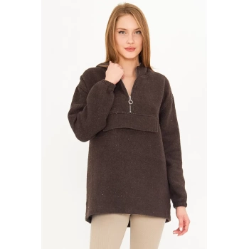 Kadın Kahve Kapüşonlu Cep Kapaklı Kaşe Sweatshirt ARM-25K001097