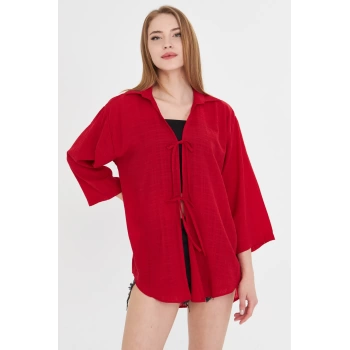 Kadın Kırmızı Gömlek Yakalı Önden Bağcıklı Kimono Gömlek ARM-25K001006