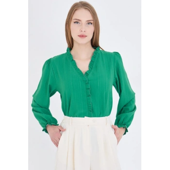 Kadın Koyu Yeşil Yakası Ve Önü Fırfır Detaylı Kolları Lastikli Uzun Kollu Bluz ARM-25K001030