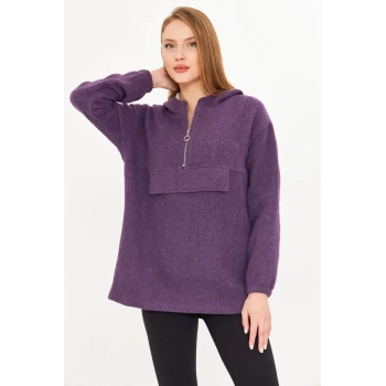 Kadın Mor Kapüşonlu Cep Kapaklı Kaşe Sweatshirt ARM-25K001097