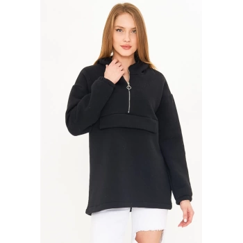 Kadın Siyah Cep Kapaklı Fermuarlı Sweatshirt ARM-22Y001168