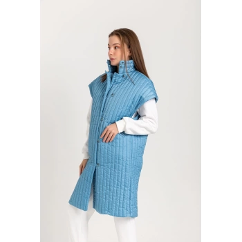 Kapitone Kumaş Kapüşonlu Oversize/Salaş Düğmeli Kadın Yelek-Bebemavi