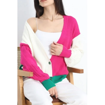 Örgü Desen Blok Renkli Triko Hırka Ekrupembe - 19238.1810.