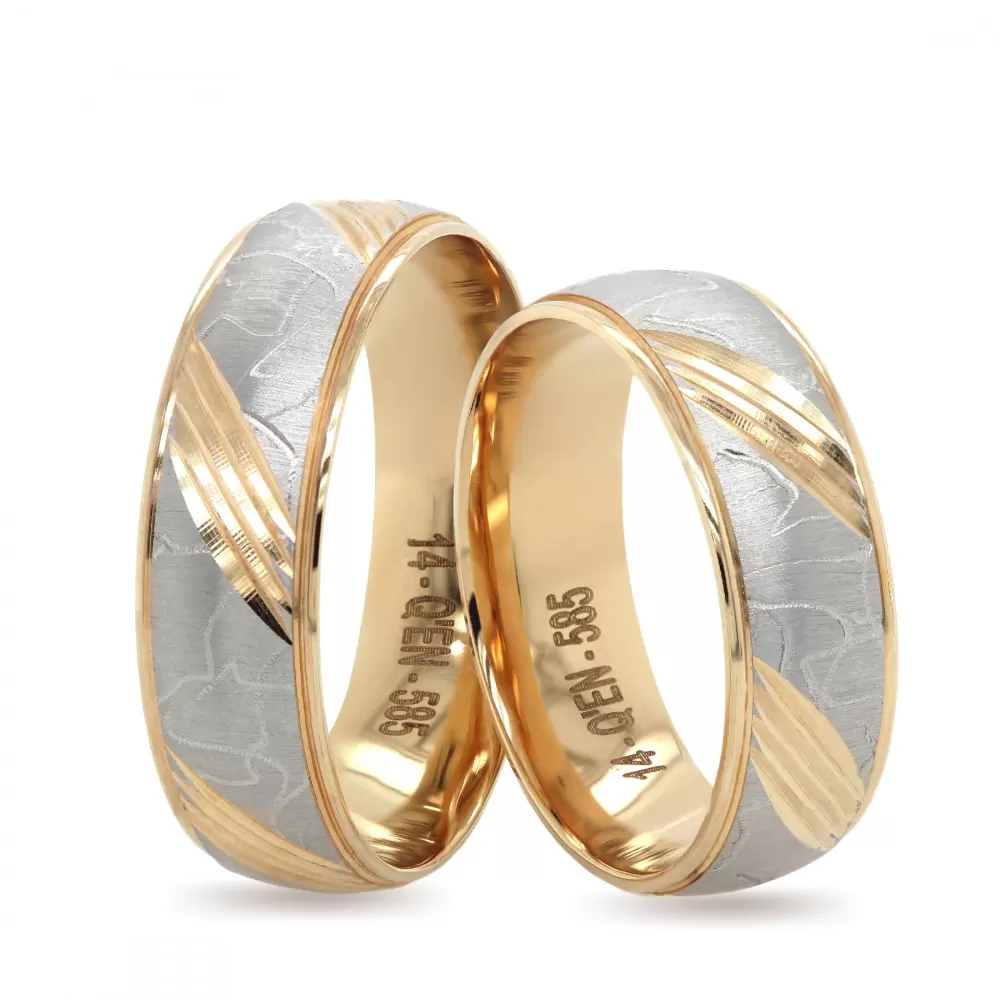 İki Renkli Desenli Altın Çift Nişan Yüzüğü