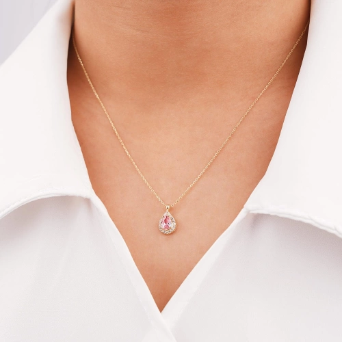 14 Ayar Pembe Renkli Taşlı Altın  Kolye
