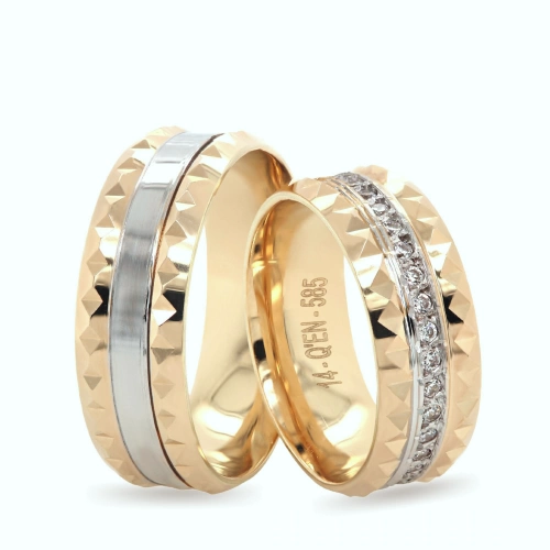 Desenli Beyaz Altın Şeritli Nişan Yüzüğü Çift Alyans