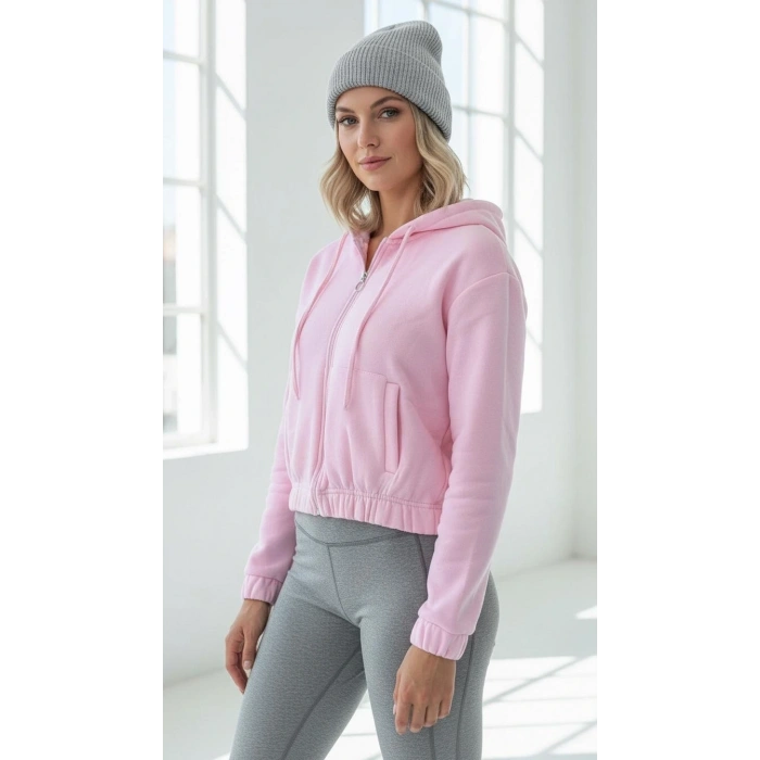 3 iplik şardonlu Kapşonlu fermuarlı kısa üst pembe pat8590