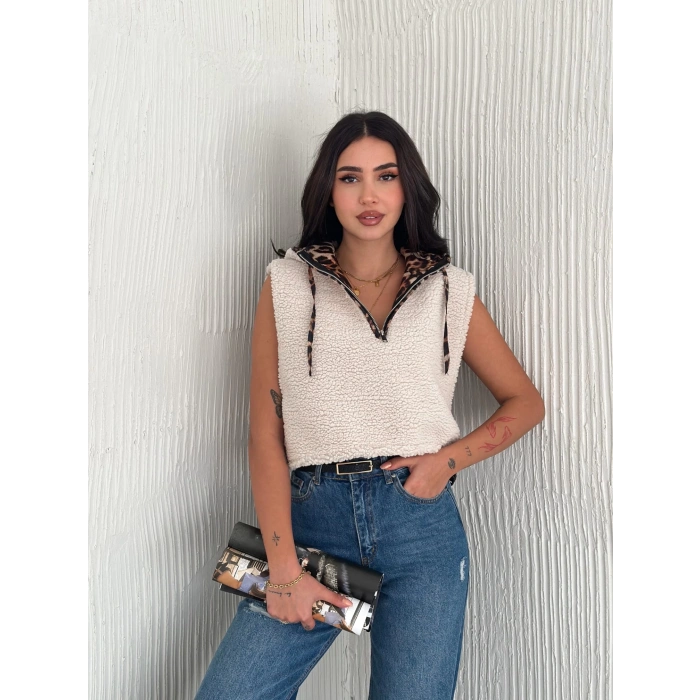 Astarlı kapşonlu kuzu yelek beyaz t1243