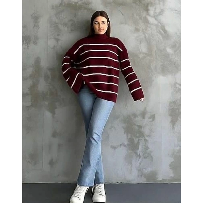 Çizgili ispanyol kol triko boğazlı kahve beyaz elf