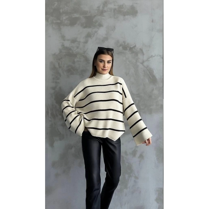 Çizgili ispanyol kol triko boğazlı kazak beyaz elf