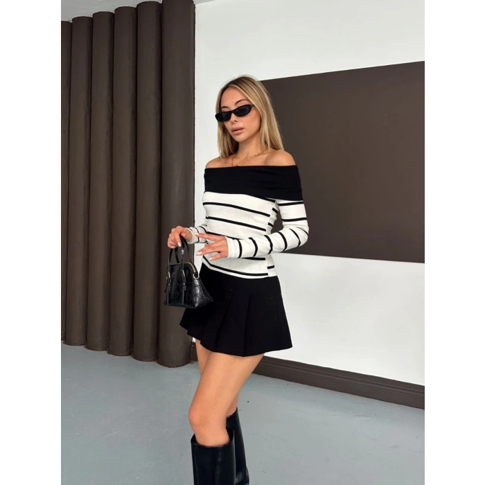 Çizgili madonna yaka kaşkorse bluz beyaz a844