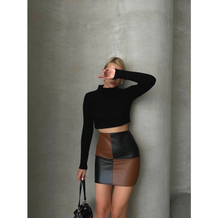 Damalı deri etek siyah kahve w24648