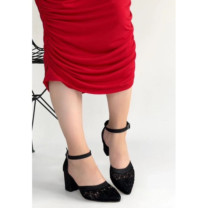 Dmop Siyah Cilt Simli Tül Detaylı Topuklu Ayakkabı