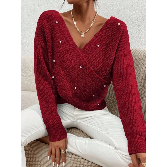 İncili çapraz kazak bordo