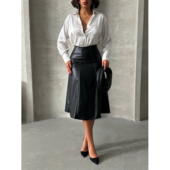 Komple parçalı deri etek siyah h26441