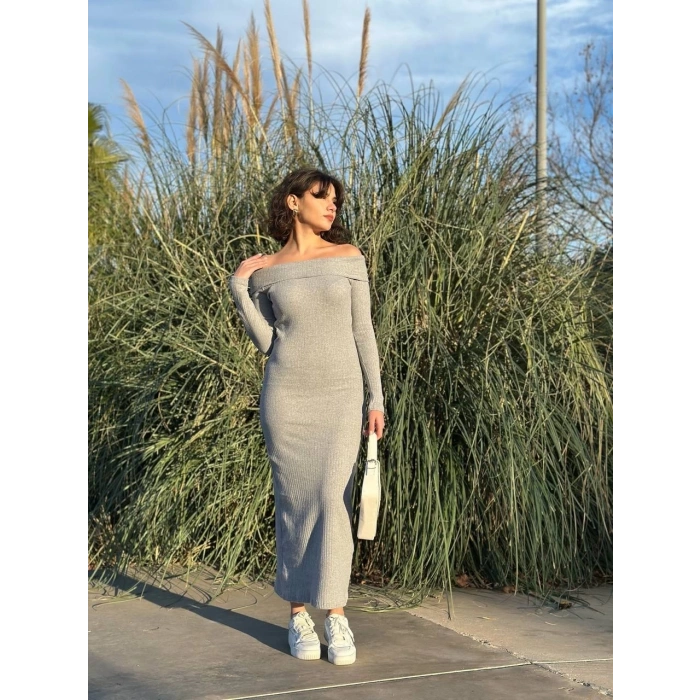 Madonna yaka uzun elbise şardonlu kumaş gri w3753