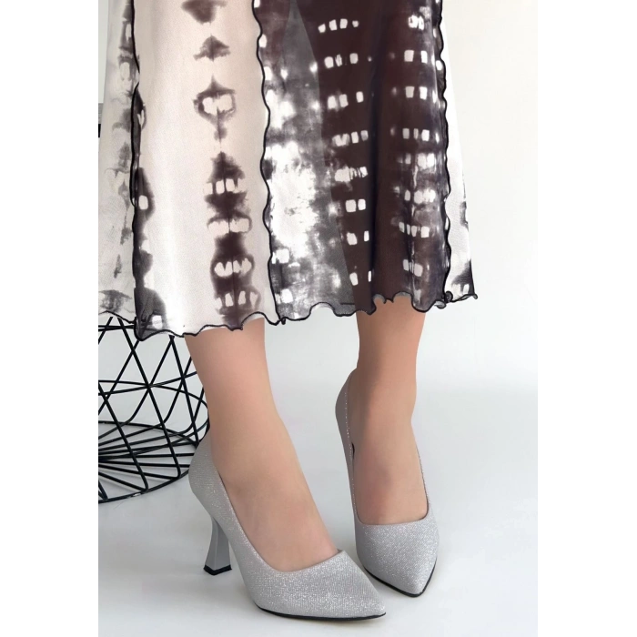 Meyli Gümüş Saten Simli Topuklu Ayakkabı