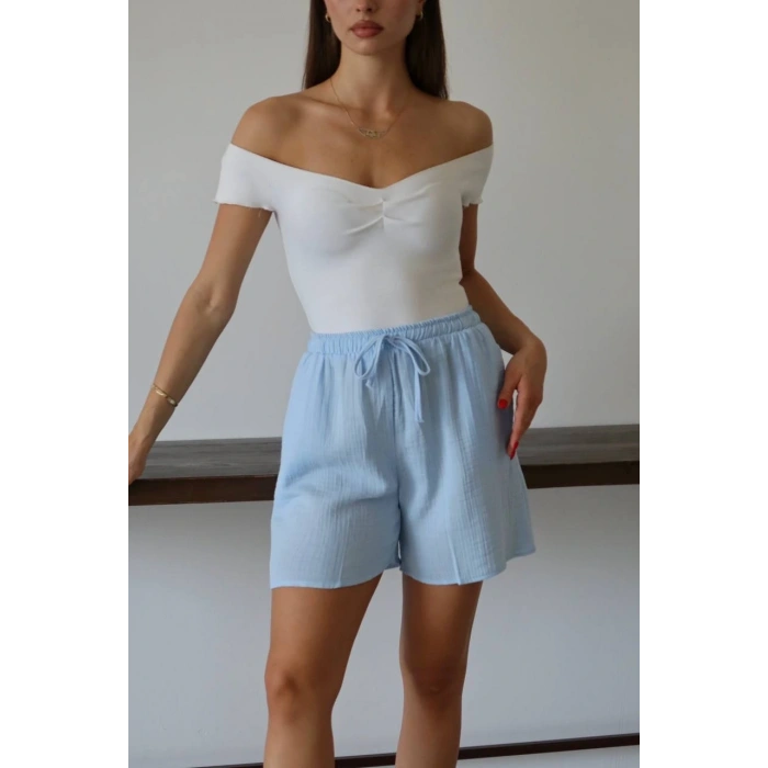 Müslin kumaş şort bağcıklı mavi pt