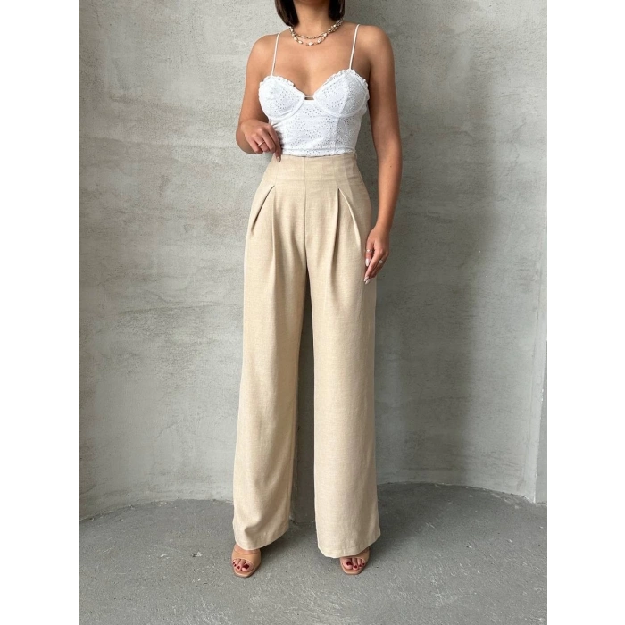 Pileli keten pantolon s255046