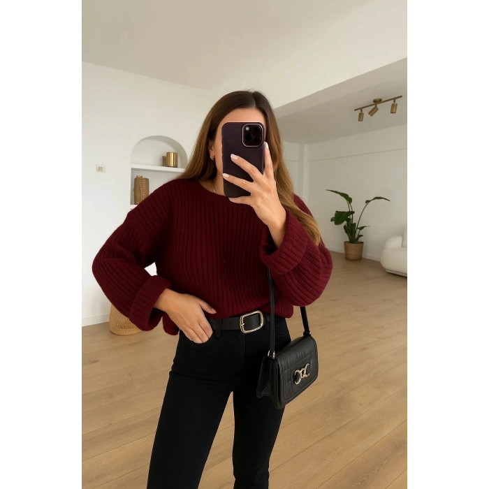 Salaş delik detaylı kazak bordo