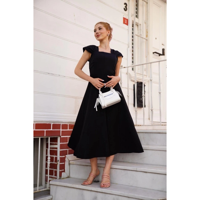 U yaka prenses elbise siyah s255101