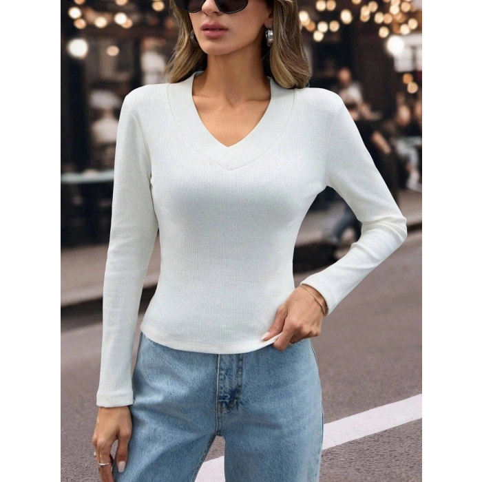 V yaka kaşkorse bluz beyaz w3817