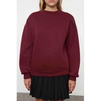 3 iplik şardonlu bisiklet yaka sweatshirt bordo