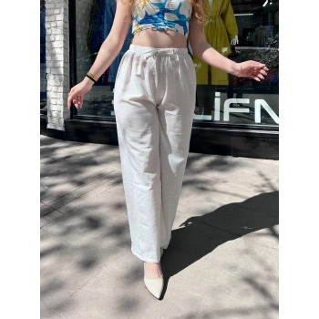 Bağcıklı keten pantolon krem