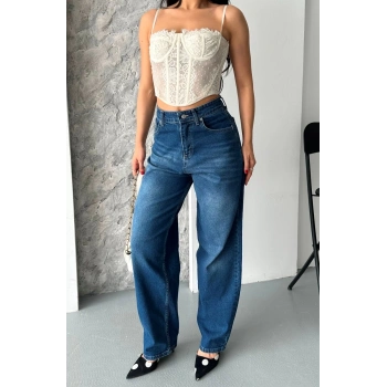 Baggy süper taş bıyık yıkama koyu mavi jeans pantolon d2007