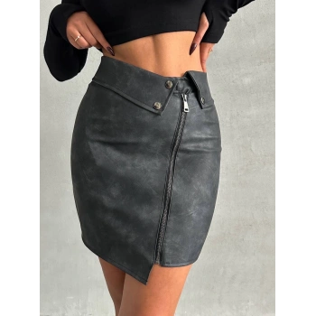 Beli pervazlı fermuarlı eskitme deri etek w24431