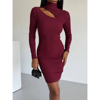 Boğazlı gögüs dekolteli elbise bordo f2333