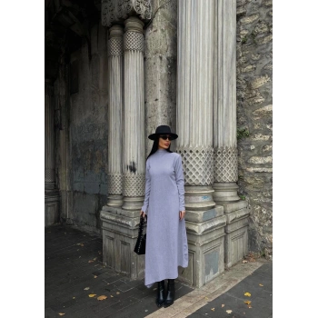 Boğazlı kalın bürümcük uzun elbise gri