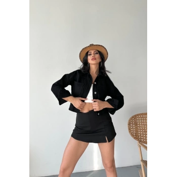 Çift cepli kol katlamalı süper taş enzim yıkamalı crop kot ceket siyah d2000