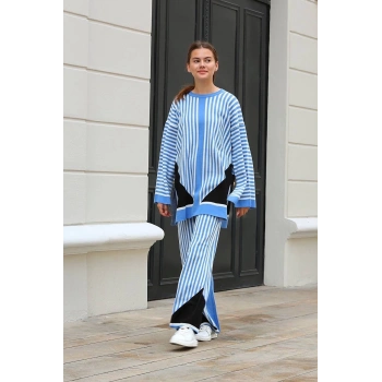 Çizgili bisiklet yaka triko takım Mavi