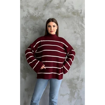 Çizgili ispanyol kol triko boğazlı kazak bordo elf