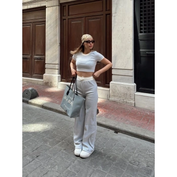 Crop pantolon biyeli takım gri