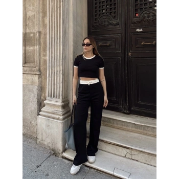 Crop pantolon biyeli takım siyah