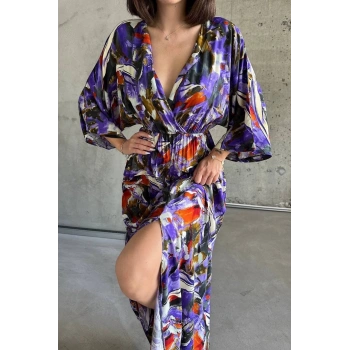 Dokuma baskılı yarasa kol elbise s8124