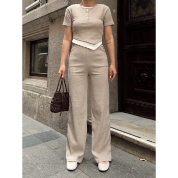 Düğme yakalı bej alt üst takım s3943